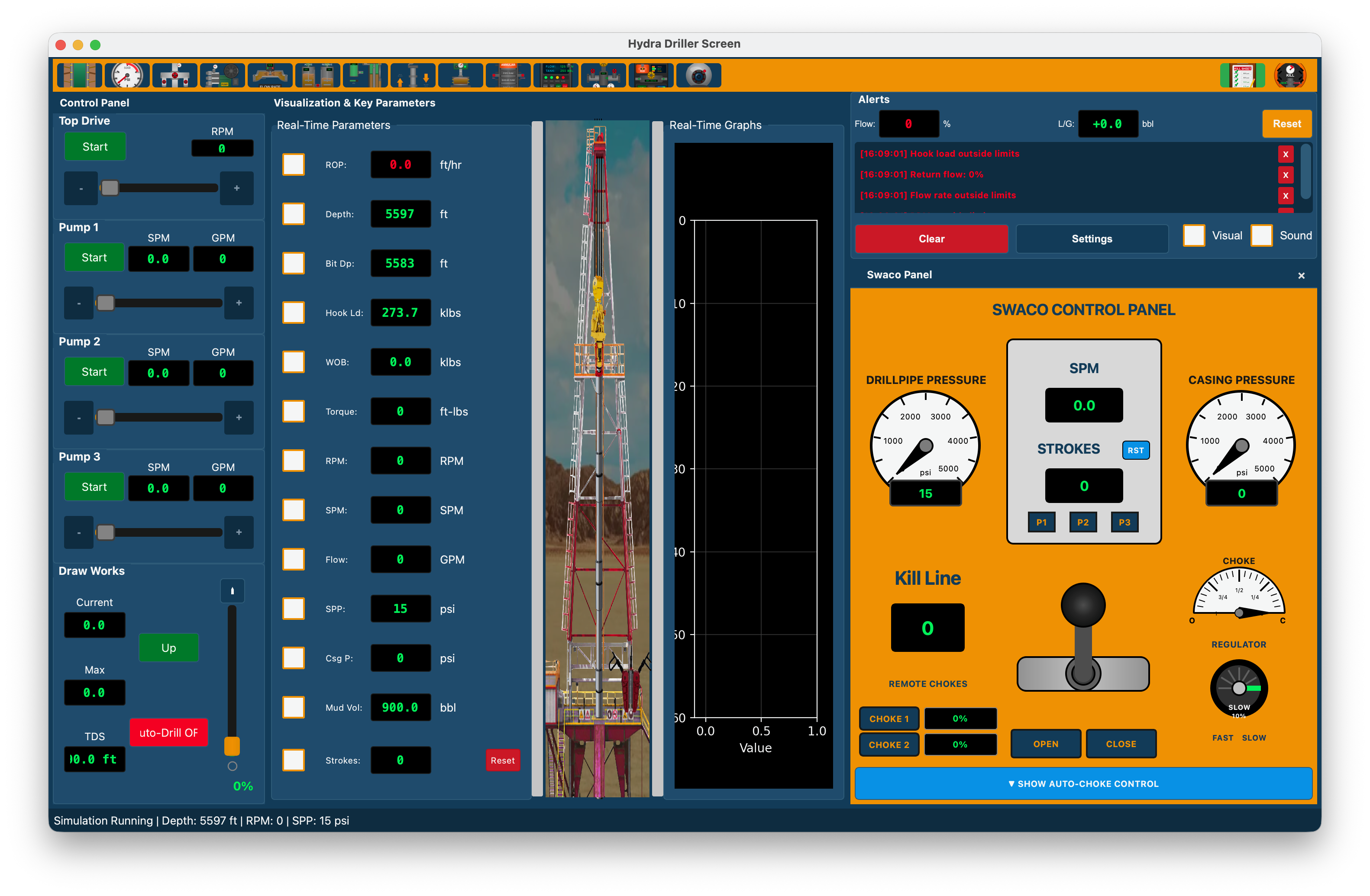 Hydra Drilling Simulator - Driller Console with real-time parameters, rig visualization, and well control panel