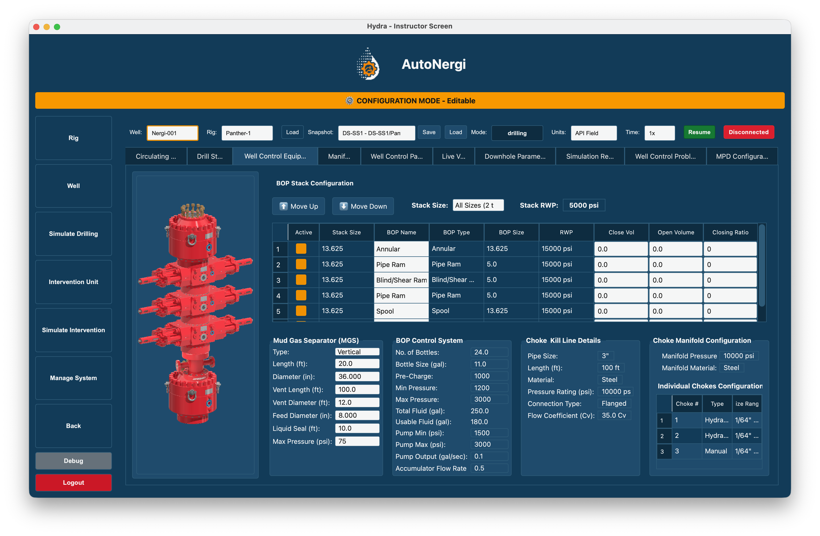Instructor Station - BOP and well control equipment configuration