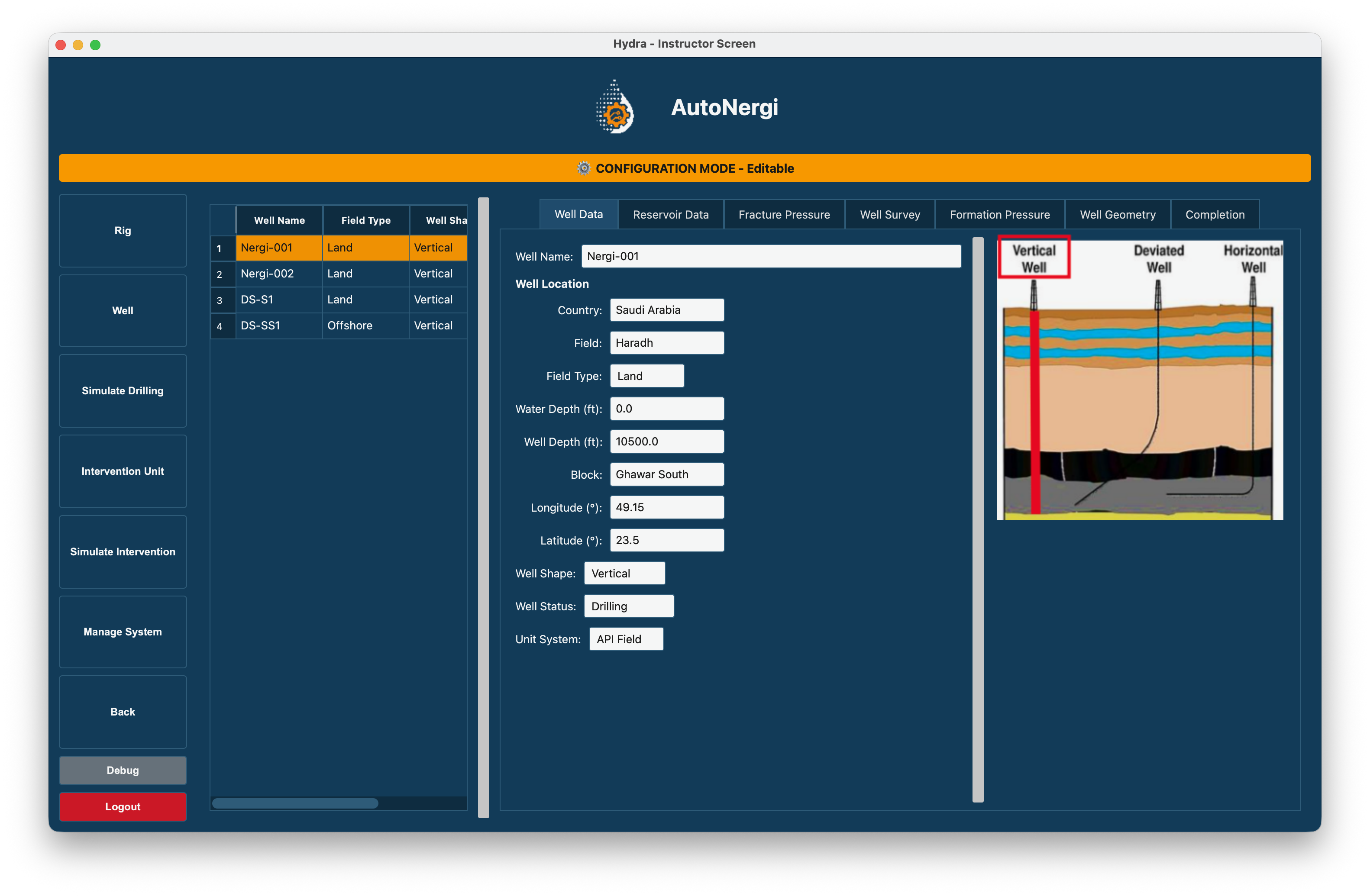 Instructor Station - Well data and formation configuration